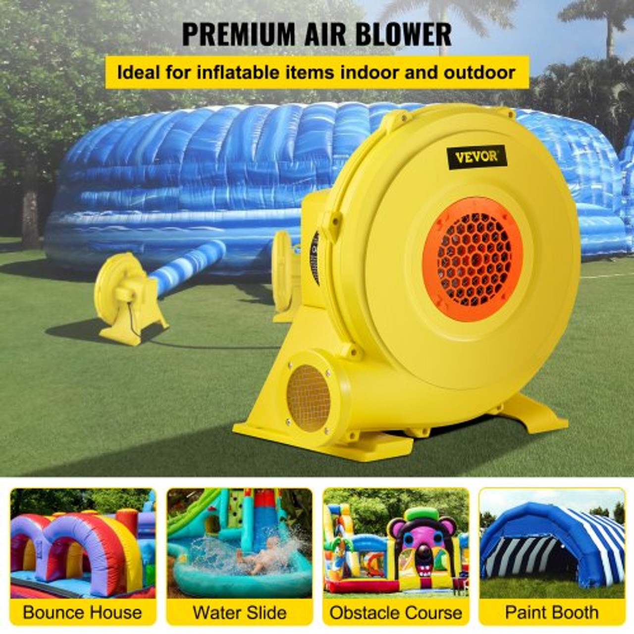 Air Blower, 750W 1HP Inflatable Blower, Portable and Powerful Bounce House Blower, 2000Pa Commercial Air Blower Pump Fan, Used for Inflatable Bouncy Castle and Jump Slides, Yellow