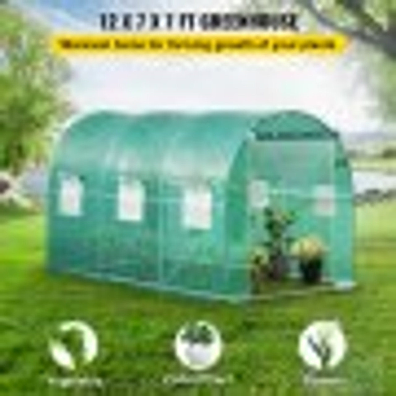 Walk-in Tunnel Greenhouse, 12 x 7 x 7 ft Portable Plant Hot House w/ Galvanized Steel Hoops, 1 Top Beam, Diagonal Poles, Zippered Door & 6 Roll-up Windows, Green