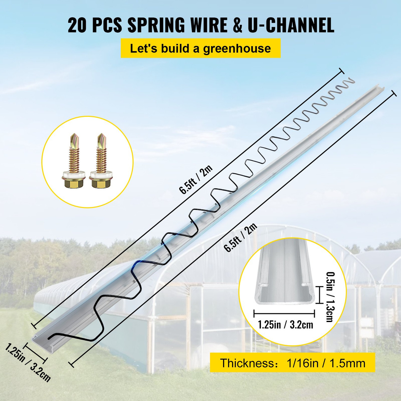 Spring Wire and Lock Channel,6.56ft Spring Lock & U-Channel Bundle for Greenhouse, 20 Packs PE Coated Spring Wire & Aluminum Alloy Channel, Plastic Poly Film or Shade Cloth Attachment w/Screws