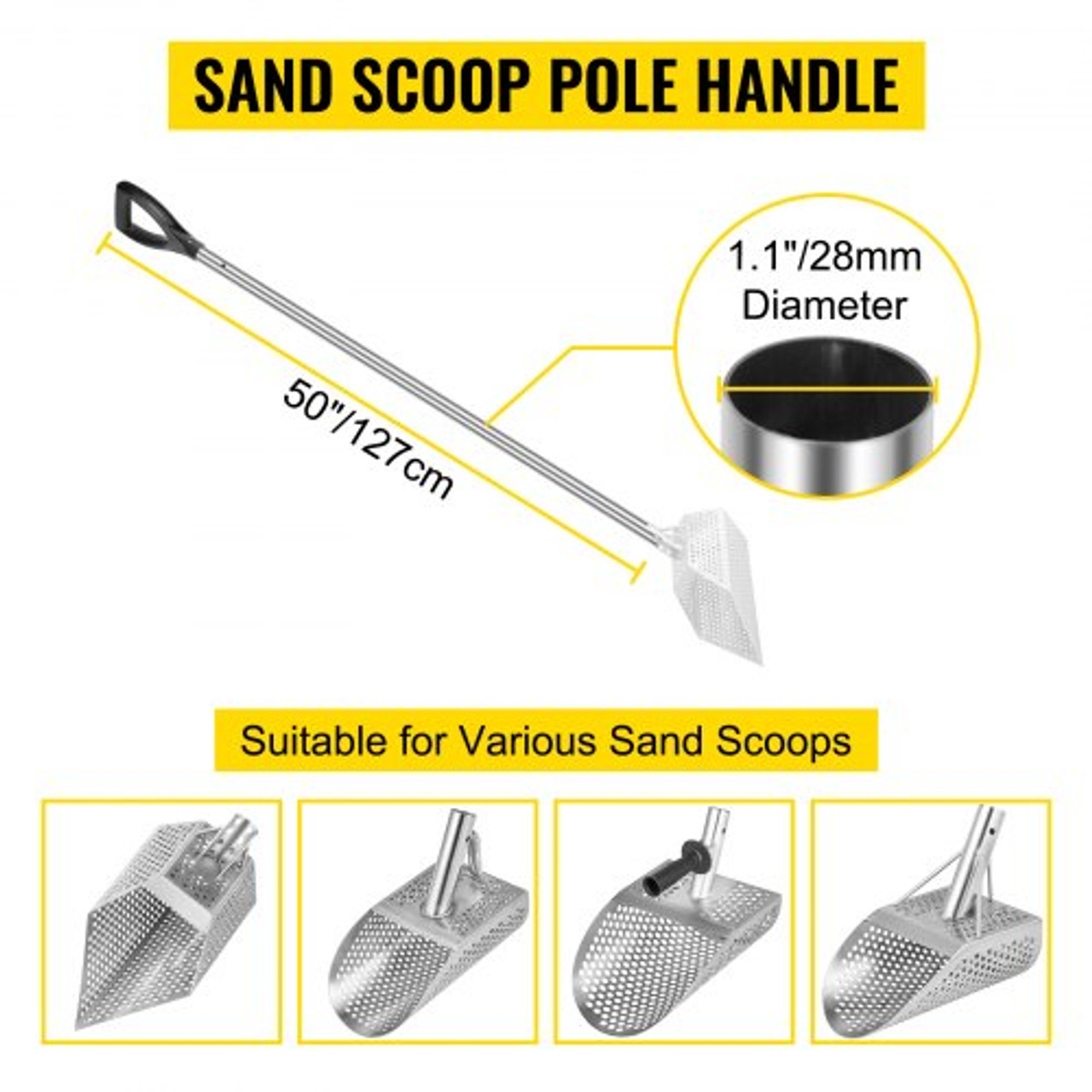 Sand Scoop Pole Handle, Stainless Steel Sand Scoop Long Pole, Travel Light Sturdy Metal Scoop Shovel Handle, Metal Detector Tool with 28mm/1.1" Diameter, for Metal Detecting and Treasure Hunting
