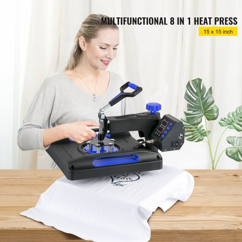 Heat Press Machine 15 x 15 Inch 8 in 1 Heat Press 800W Sublimation Machine 360Ã¸ Rotation Swing Away 8 in 1 Shirt Printing Machine Dual-Tube Heating for DIY T-Shirts Cap & Mugs Blue