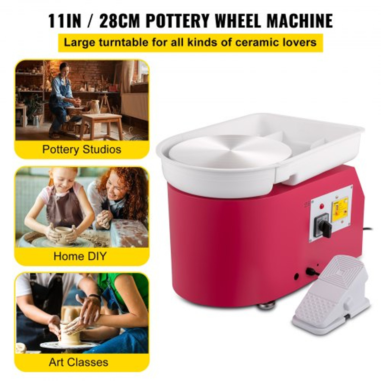 Pottery Wheel 28cm Pottery Forming Machine with Detachable Basin Foot Pedal Control 350W Art Craft DIY Clay Tool for Art Craft Work and Home DIY Pink, 18 Piece