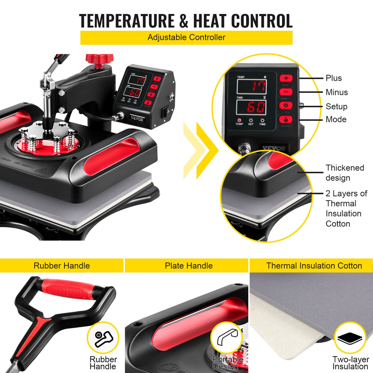 Heat Press Machine 12 x 15 Inch 8 in 1 Heat Press Sublimation Machine 360Ã¸ Rotation Swing Away 8 in 1 Shirt Printing Machine Dual-Tube Heating for DIY T-Shirts Cap & Mugs Red