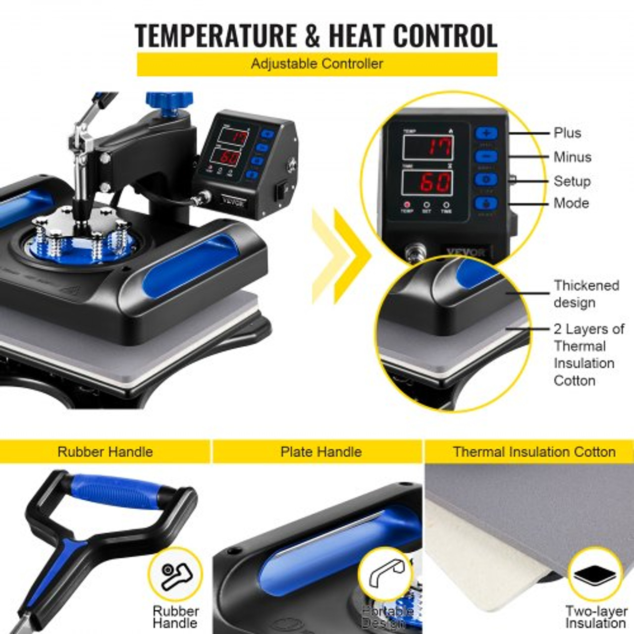 Heat Press Machine 12 x 15 Inch 8 in 1 Heat Press Sublimation Machine 360ø Rotation Swing Away 8 in 1 Shirt Printing Machine Dual-Tube Heating for DIY T-Shirts Cap & Mugs Blue