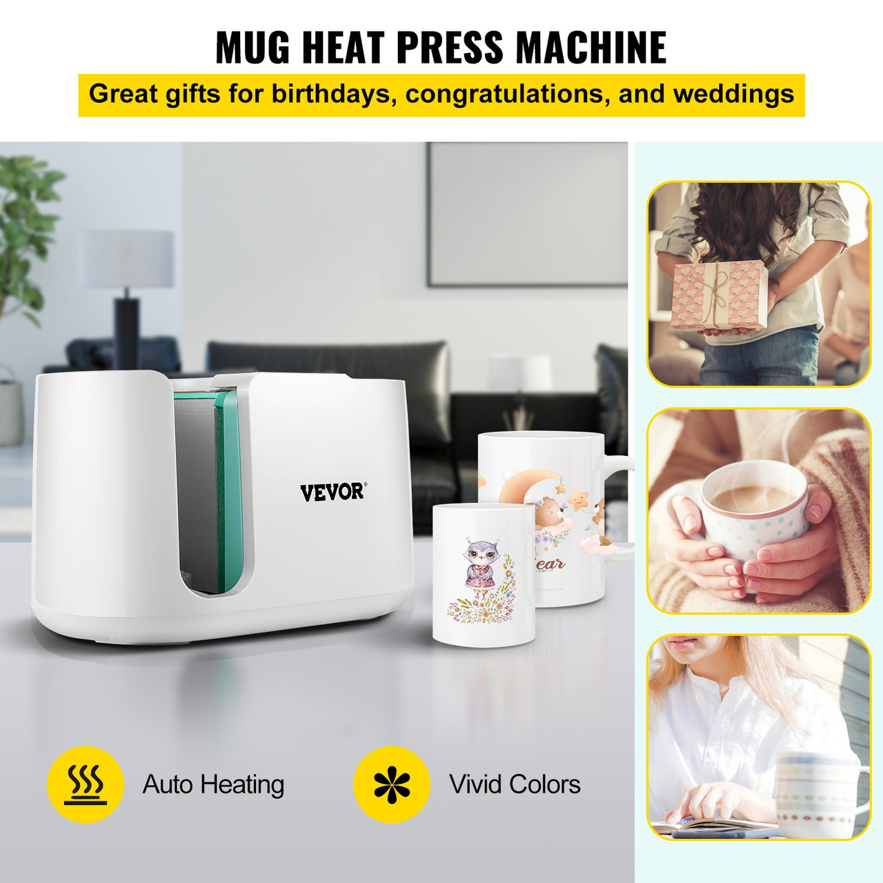 Mug Press Machine, Automatic Mug Heat Press for Sublimation 11-15oz, Coffee Cup Transfer Printing, DIY Presents Gifts White