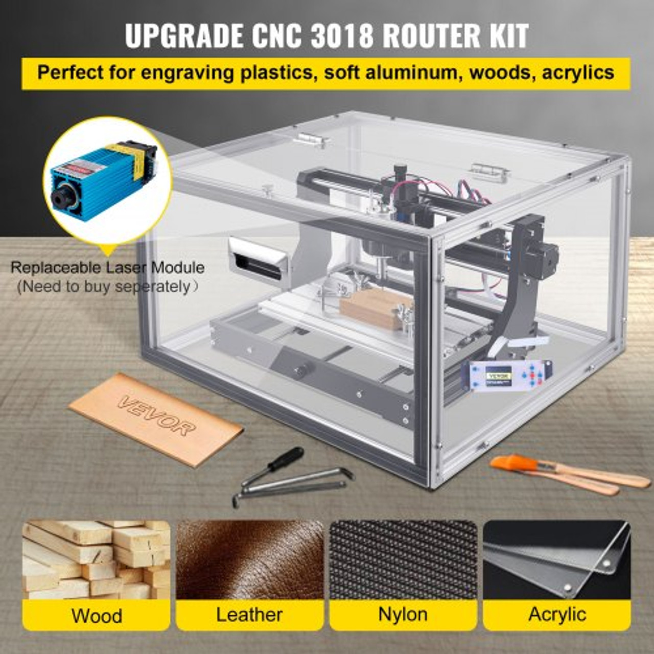 CNC 3018 PRO Router Machine, GRBL Control 3-Axis Milling Engraver Engraving Machine, DIY CNC Router Kit with Transparent Enclosure, Offline Controller, for Wood Acrylic Plastic PCB PVC Carving