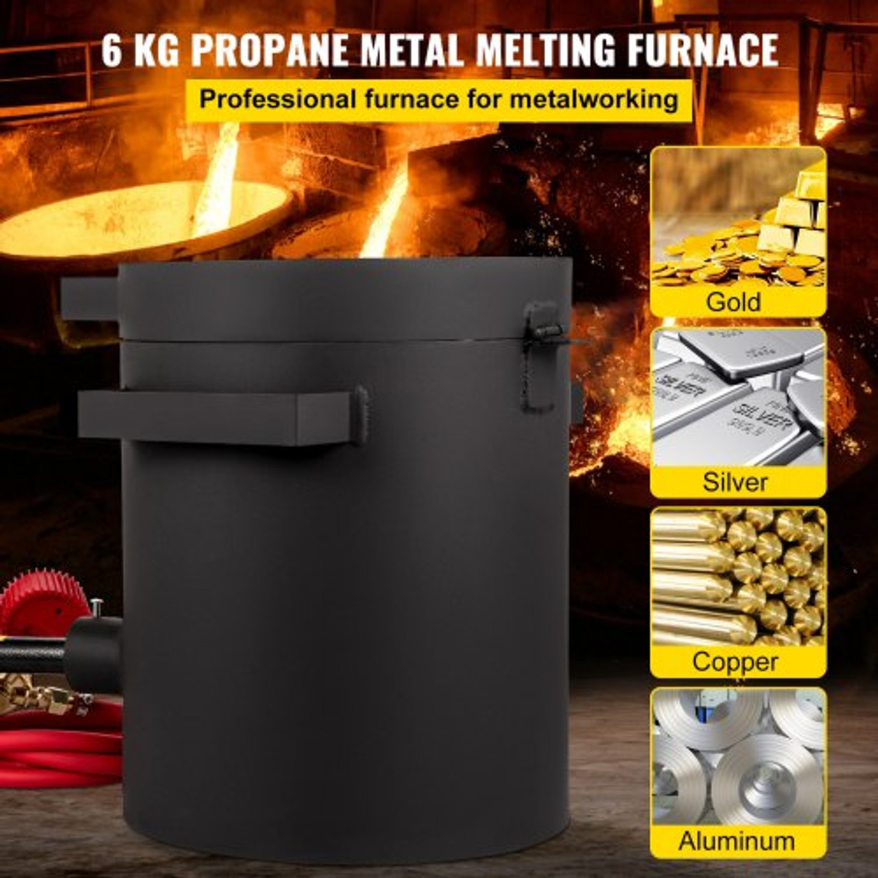 Propane Melting Furnace, 2462øF, 6 KG Metal Foundry Furnace Kit with Graphite Crucible and Tongs, Casting Melting Smelting Refining Precious Metals Like Gold Silver Aluminum Copper Brass Bronze