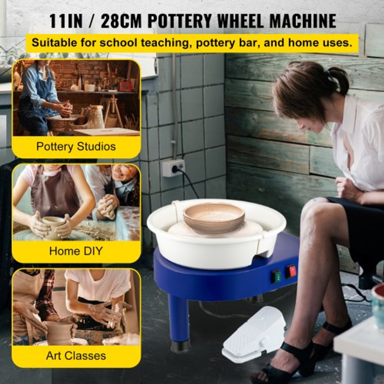 Pottery Wheel, 11in Ceramic Wheel Forming Machine, 0-300RPM Speed Manual Adjustable 0-7.8in Lift Leg, Foot Pedal Detachable Basin, Sculpting Tool Accessory Kit for Work Art Craft DIY