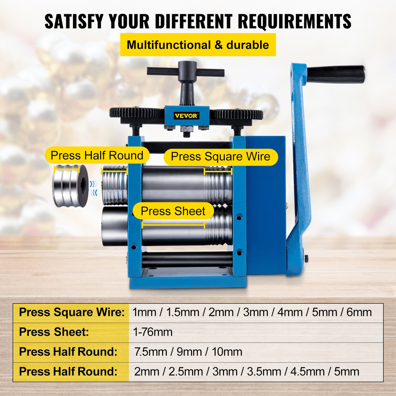Rolling Mills 3"/76mm Jewelry Rolling Mill Machine Gear Ratio 1:2.5 Wire Roller Mill 0.1-7mm Press Thickness Manual Combination Rolling Mill for Metal Jewelry Sheet Square Semicircle Pattern