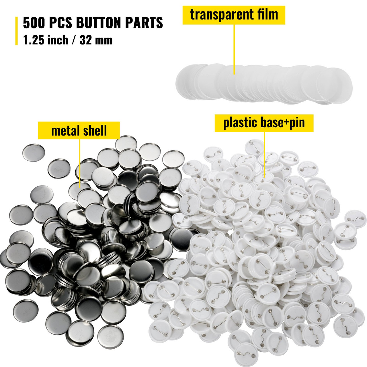 Button Parts for Button Maker 500 Sets Button Badge Parts 32 mm (1-1/4 inch) Button Parts Metal with Clip Pin Top & Bottom Plastic Cover Film Button Maker Parts for Family Use DIY Activities