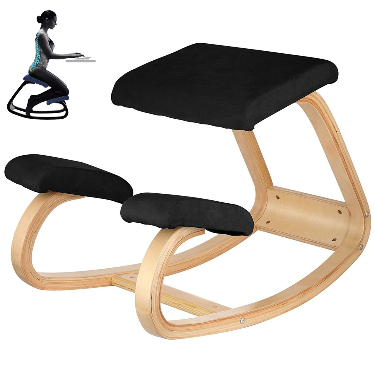 Wooden Ergonomic Kneeling Chair Memory Seat Cushion Relieving Body Black