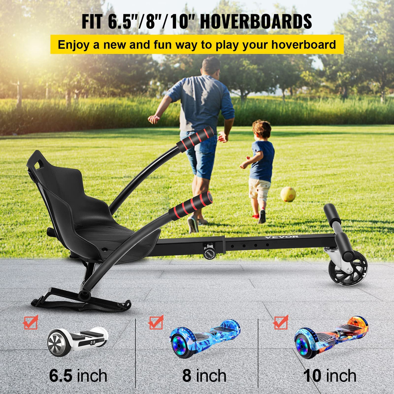 Hoverboard Seat Attachment for 6.5" 8" 10" Self Balancing Scooter, Hoverboard Kart for Kids or Adults, Black Hoverboard Attachments Adjustable Frame Length
