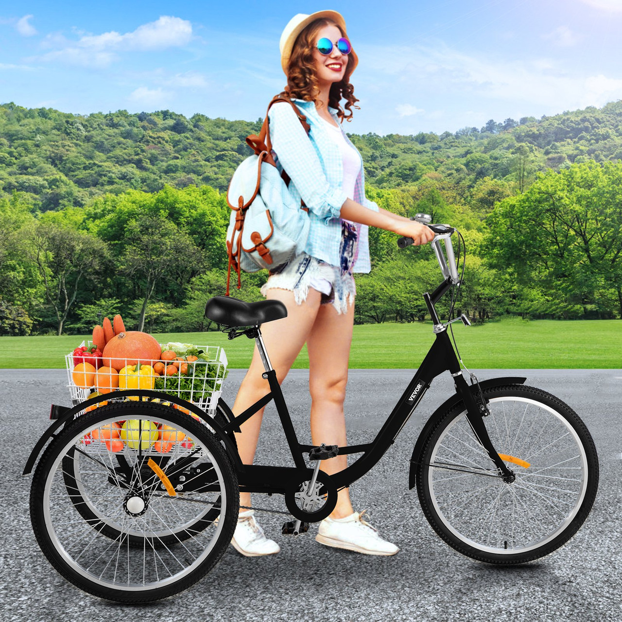 Adult Tricycle 20 inch Single Speed Size Adjustable Trike with Bell Brake System Cruiser Bicycles Large Size Basket for Recreation Shopping Exercise