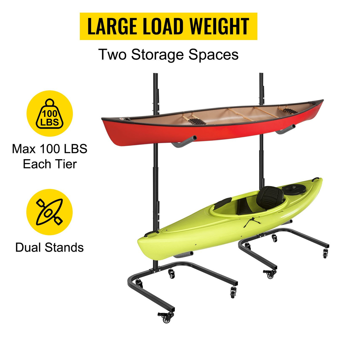 Freestanding Kayak Storage Rack, 200 LBS Load-Bearing Capacity, 100 LBS Per Level, Dual Stand with Wheels for Two-Kayak, SUP, Canoe & Paddleboard for