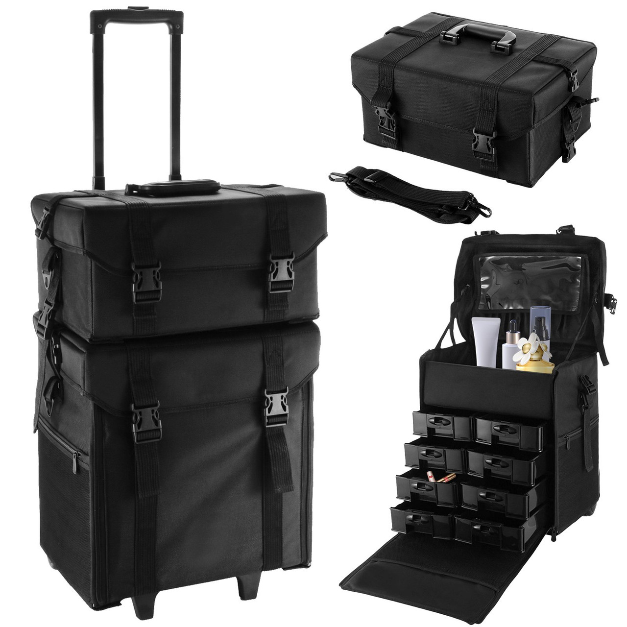 2 in 1 Nylon Rolling Makeup Case with Wheels Travel Cosmetic Cases Detachable Professional Rolling Trolley Makeup Travel Case Oxford Vanity Portable