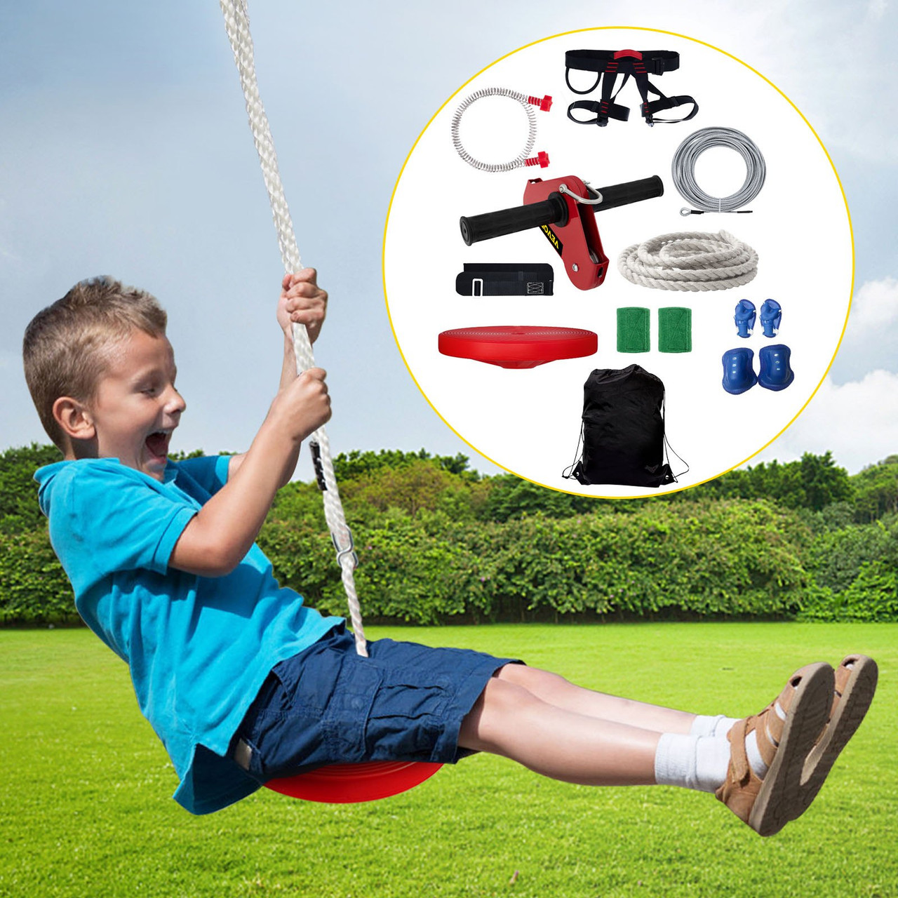 Zip line Kits for Backyard 100FT, Zip Lines for Kid and Adult, Included Swing Seat, Zip Lines Brake, and Steel Trolley, Outdoor Playground Equipment