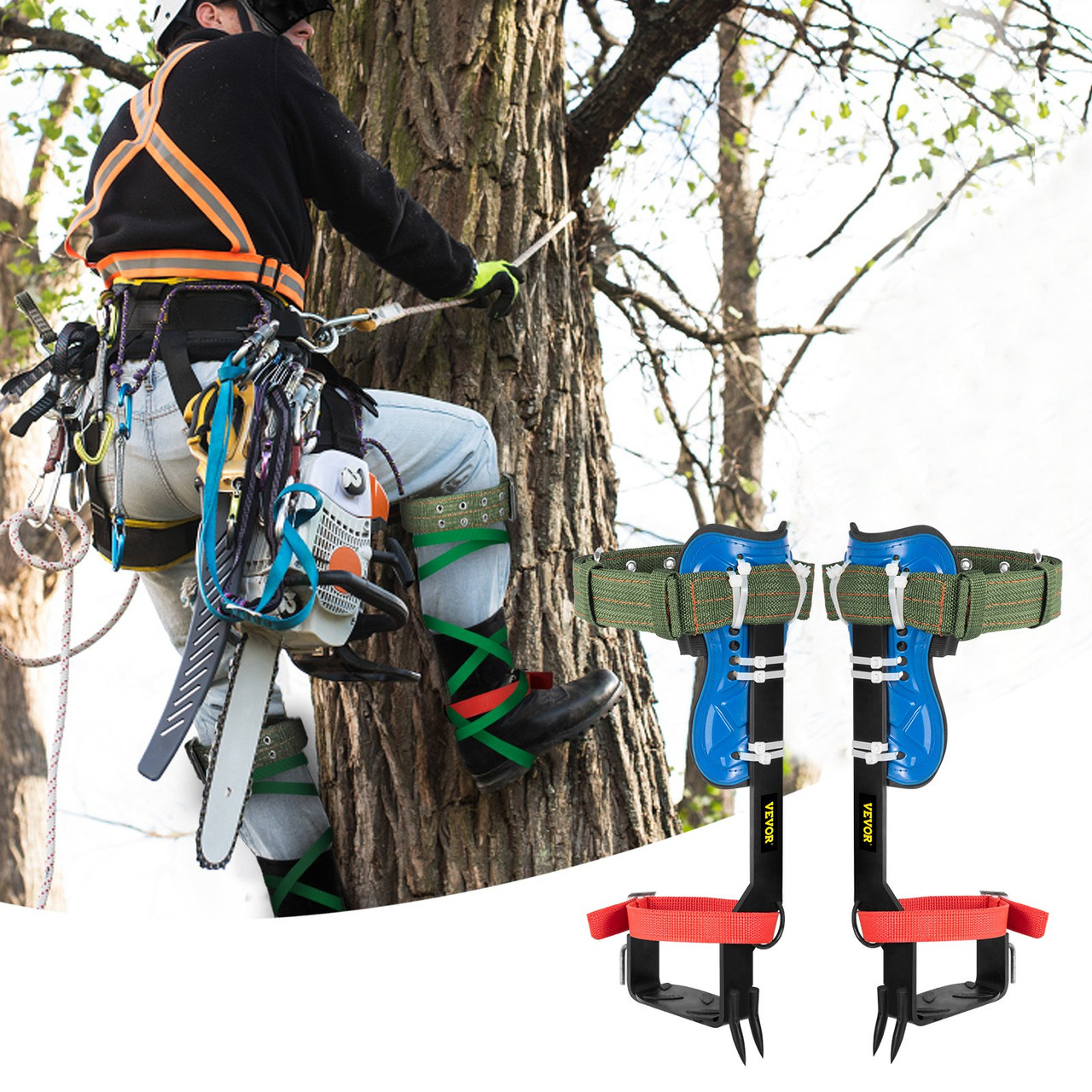 Tree Climbing Spikes, 4 in 1 Alloy Metal Adjustable Pole Climbing Spurs, w/Security Belt & Foot Ankle Straps, Arborist Equipment for Climbers,