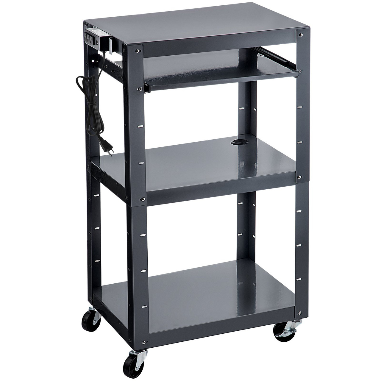 Steel AV Cart, 27-41" Height Adjustable Media Cart with 19" x 14" Retracting Keyboard Tray, 24" x 18" Presentation Cart with 3 Shelves, 150 lbs Weight Capacity Suitable for Office and School