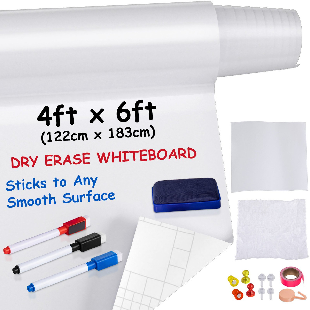 White Board Paper, 6x4 ft Dry Erase Whiteboard Paper w/ Adhesive Backing, Removable Peel and Stick PET Surface, No Ghost for Kids Home and Office, 3