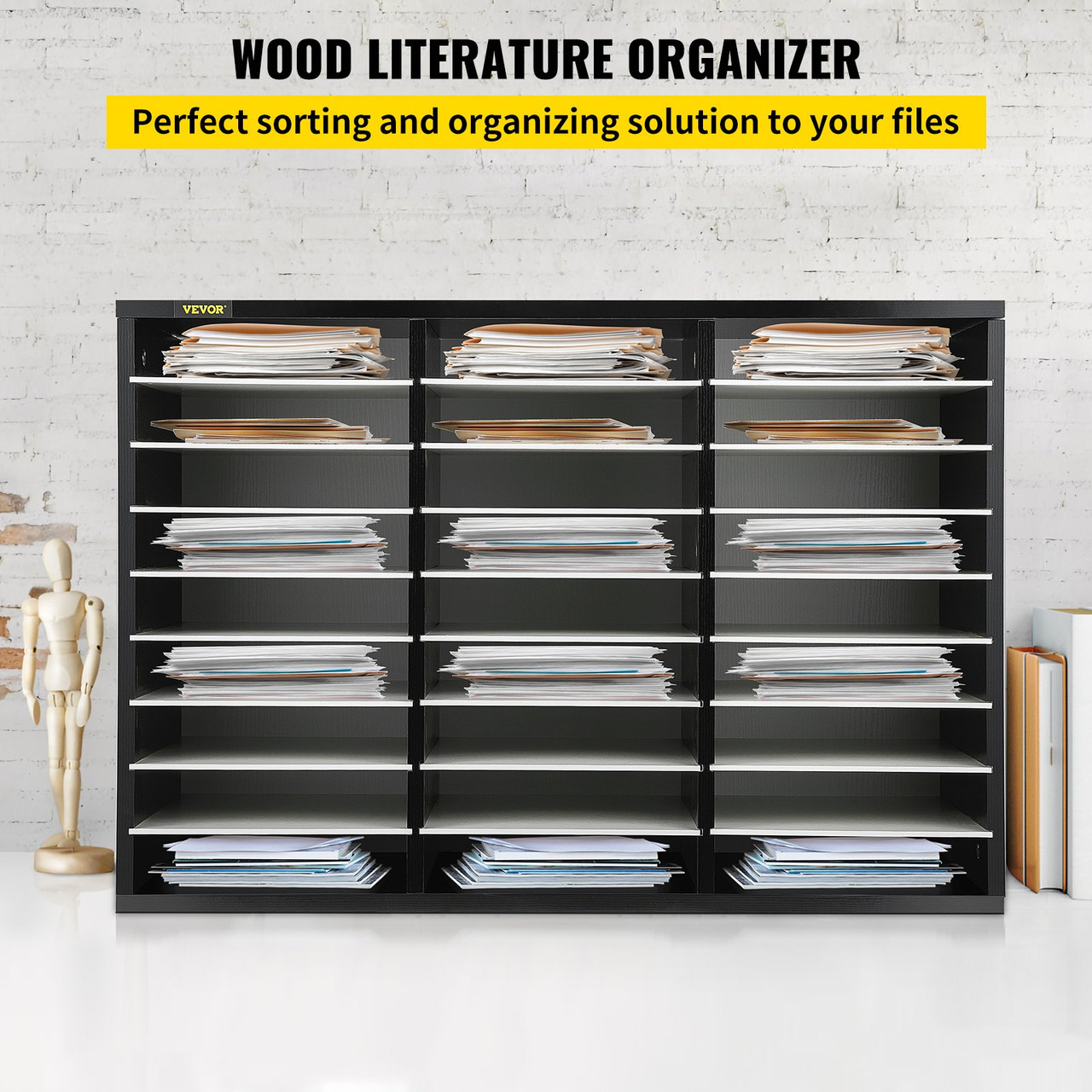 27 Compartments Wood Literature Organizer, Adjustable Shelves, Medium Density Fiberboard Mail Center, Office Home School Storage for Files, Documents, Papers, Magazines, Black+White