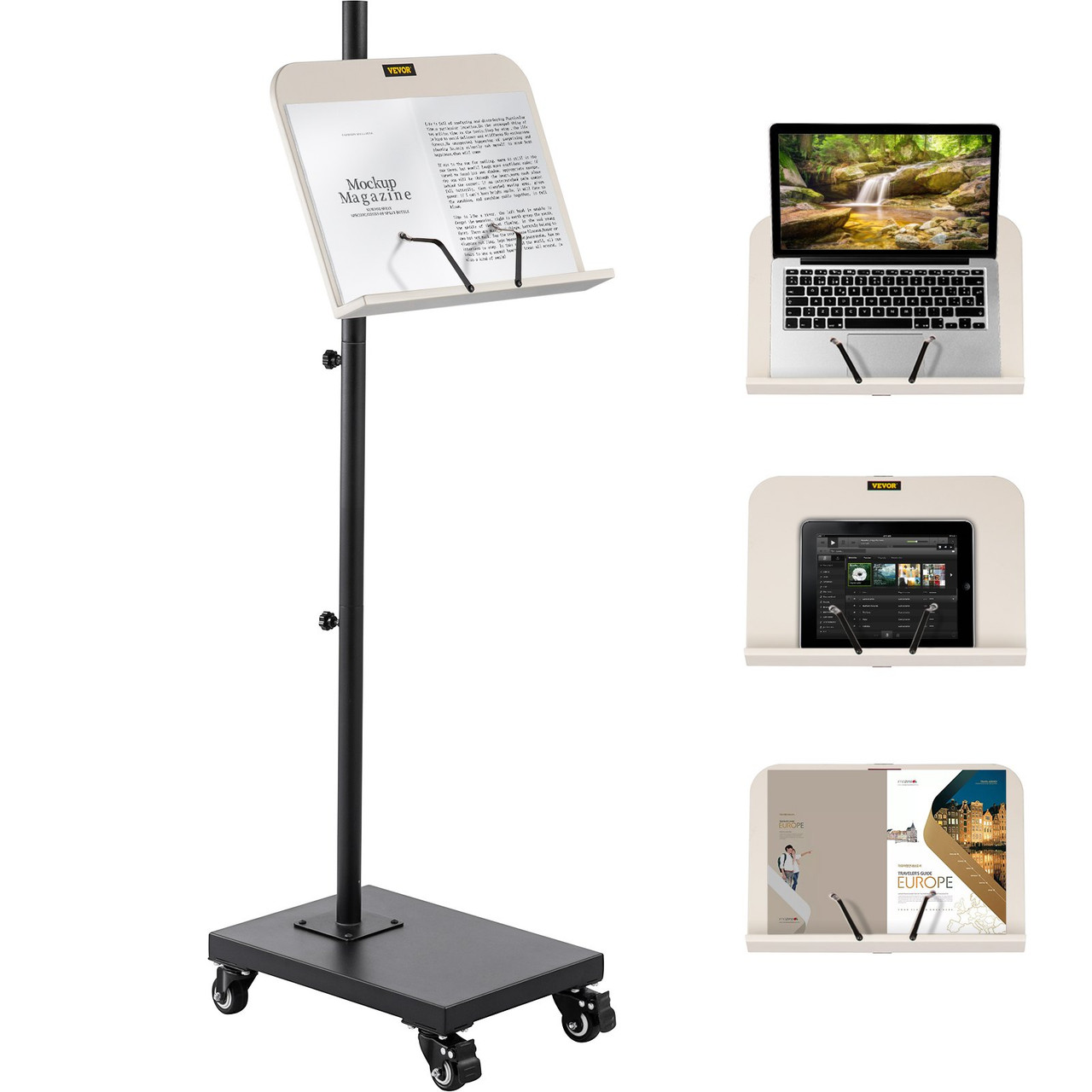 Book Floor Stand, 180ø Viewing Angle, Height & Panel Adjustable Reading Stand, Rolling Book Stand w/ 4 Wheels, for 4.5''-12'' Phone, iPad and Books in Home Office, Black & White