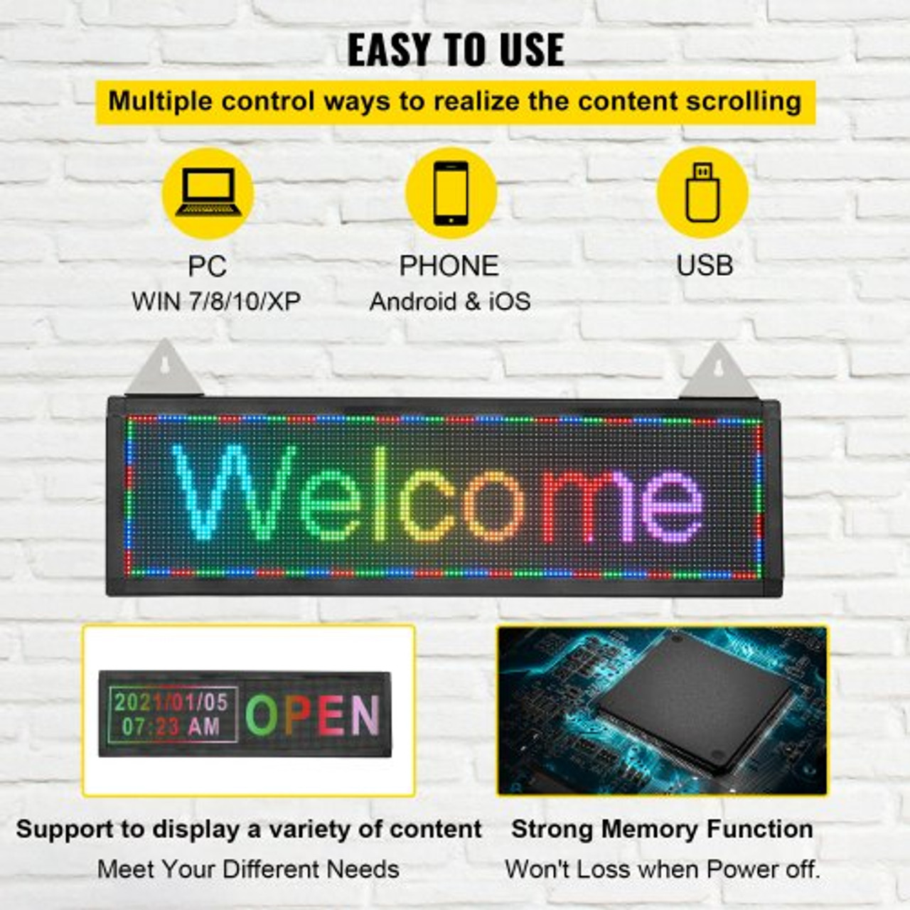 LED Scrolling Sign, 21" x 6" WiFi & USB Control, Full Color P4 Programmable Display, Indoor High Resolution Message Board, High Brightness Electronic Sign, Perfect Solution for Advertising