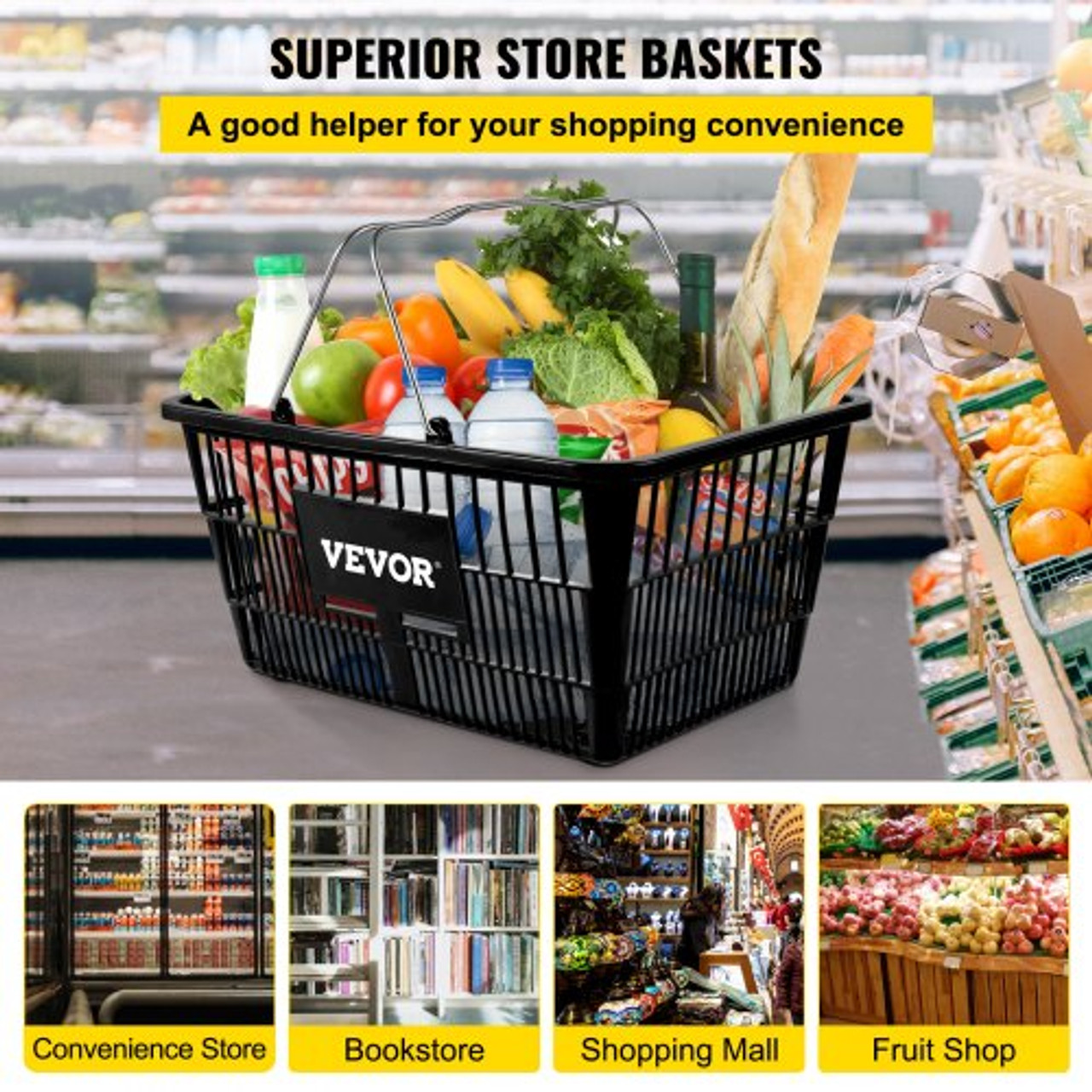 Shopping Basket, Set of 12 Black, Durable PE Material with Handle and Stand, Basket Dimension 16.9"L x 11.8"W x 8.07"H and Used for Supermarket, Retail, Grocery- Holds 21 L of Merchandise