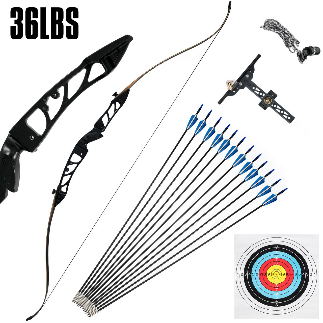 Recurve Bow Set 20 28 32 36 38lbs Archery Bow Aluminum Alloy Takedown Recurve Bow Right Hand Bow with 12 Arrows for Adults Youth Hunting Shooting Practice Competition (Black, 36 LBS)