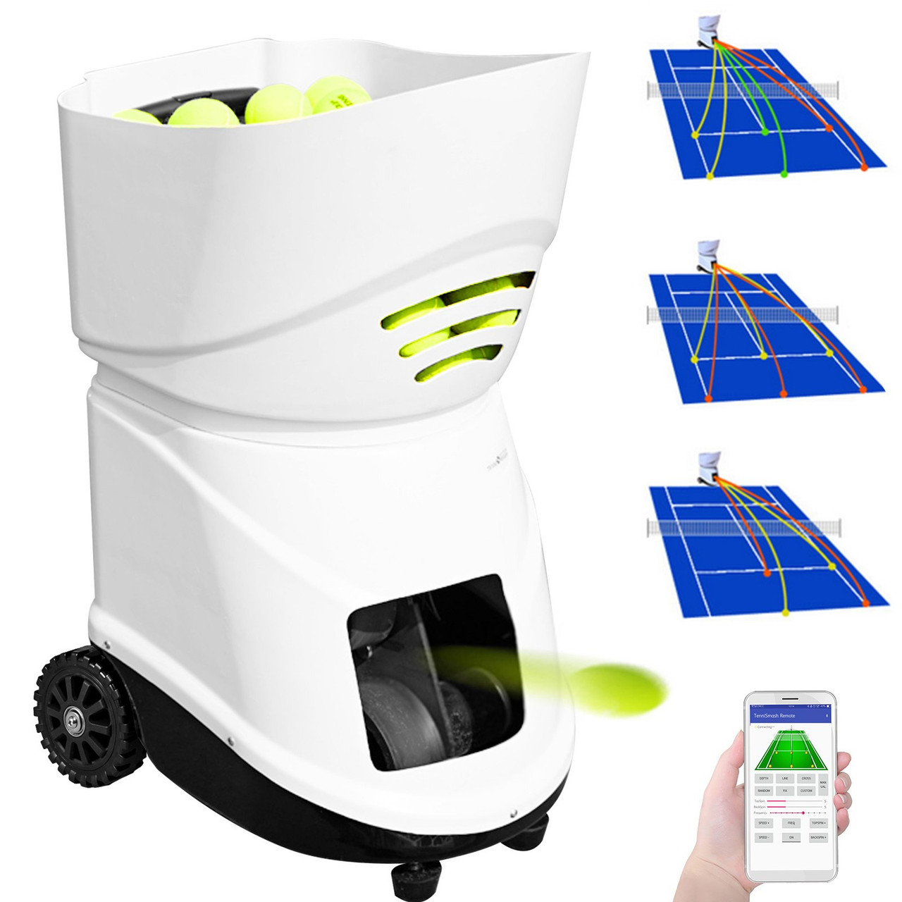 Portable Tennis Ball Machine?APP Control Count?5 Out Modes?29 Out Lines?Custom 1-20 Point?Adjust 20-140 km per h?40 Pounds?Lasting 6-8 Hours?150-Ball Capacity