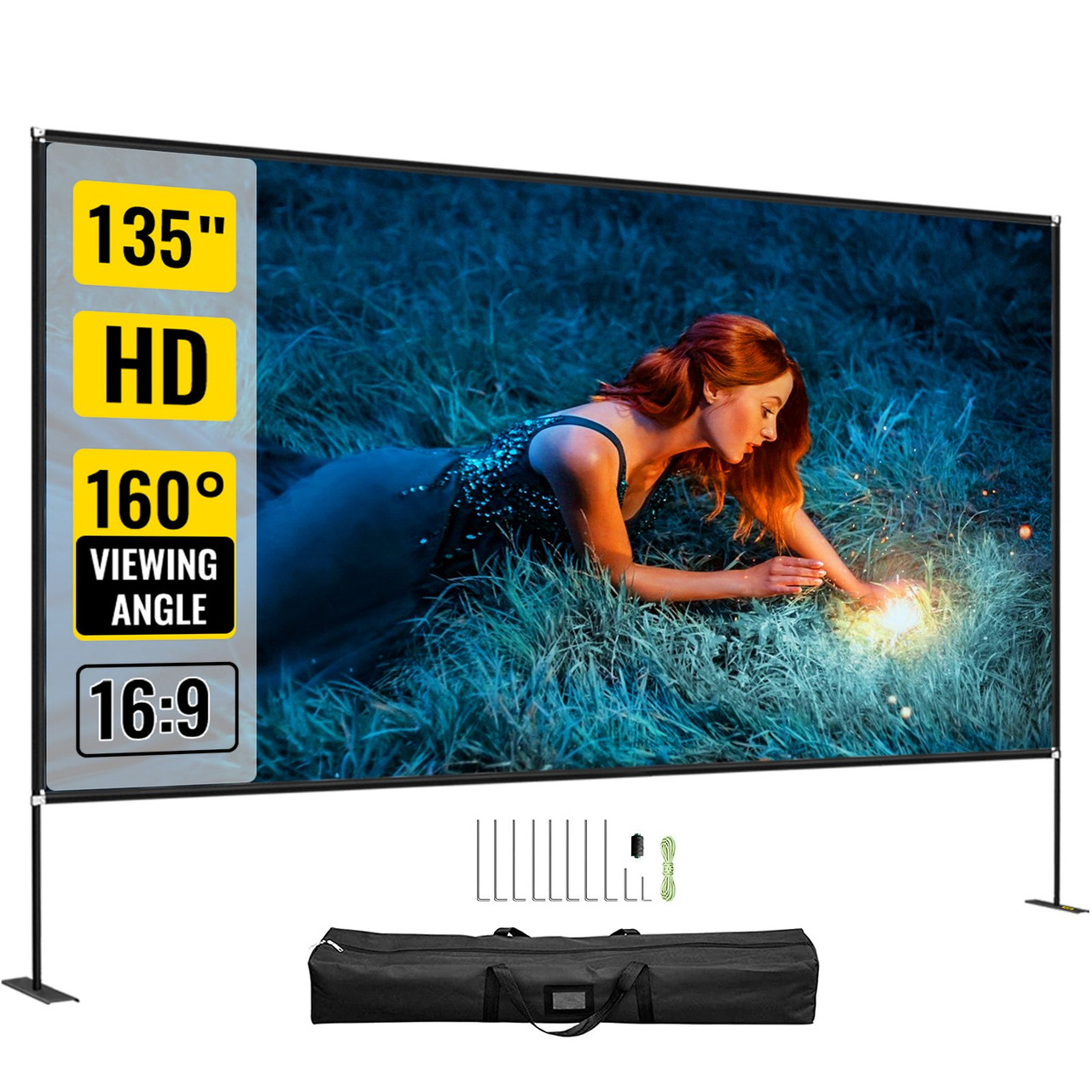 Movie Screen with Stand 135inch Portable Projector Screen 16:9 4K HD Wide Angle Projector Screen with Stand Easy Assembly with Storage Bag for Both Indoor and Outdoor Use