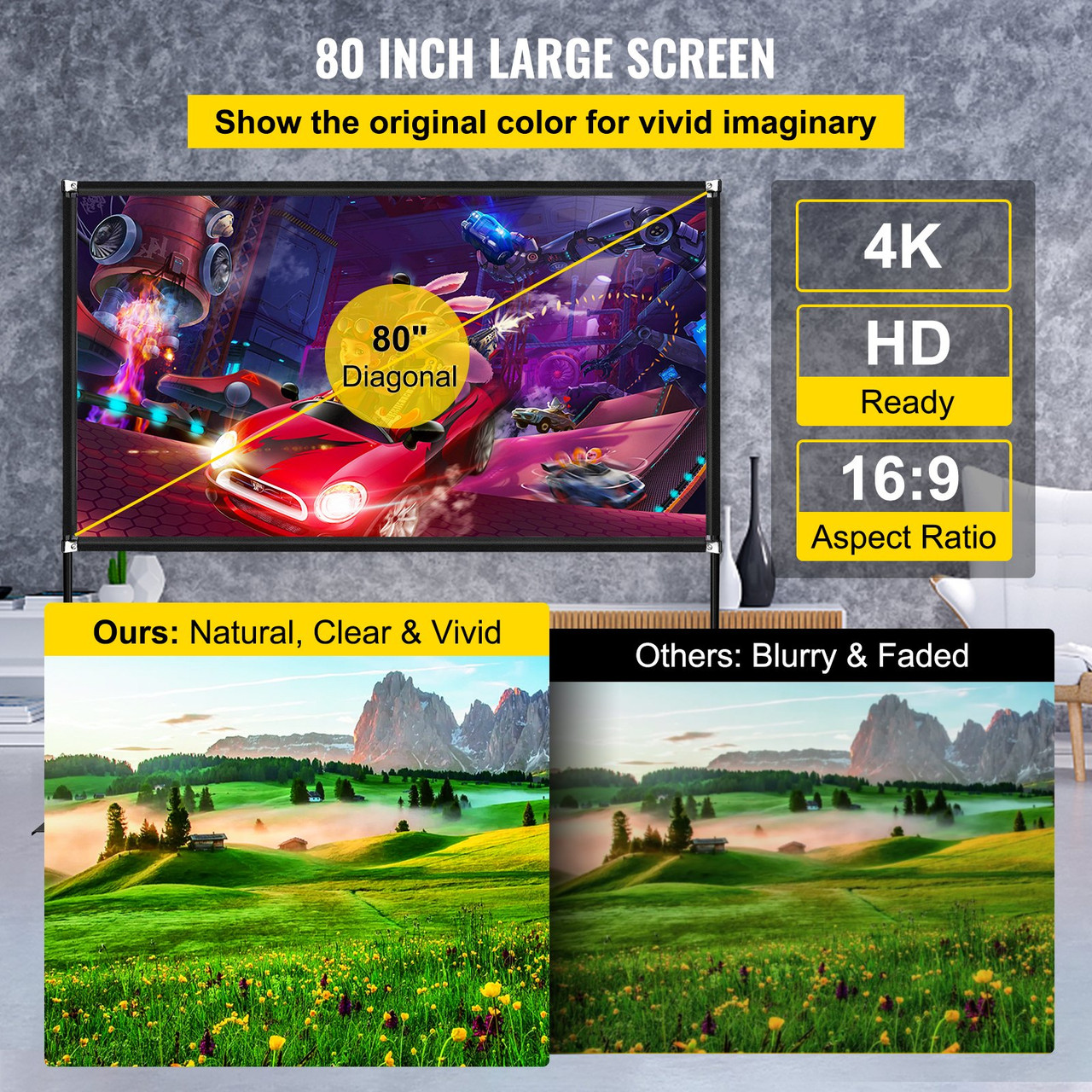 Movie Screen with Stand 80inch Portable Projector Screen 16:9 4K HD Wide Angle Outdoor Projector Screen Stand Easy Assembly with Storage Bag for Home