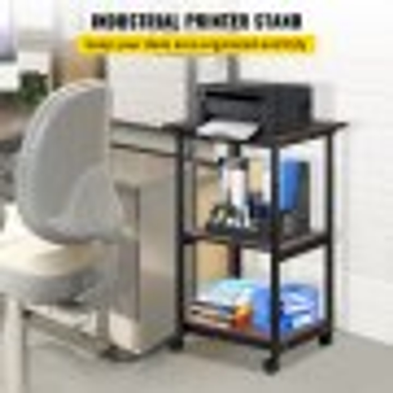Printer Stand, 3 Tiers, Rolling Machine Cart with Adjustable Shelf & Lockable Wheels, Mobile Printer Table for Fax Scanner File Book in Home Office, Black & Brown