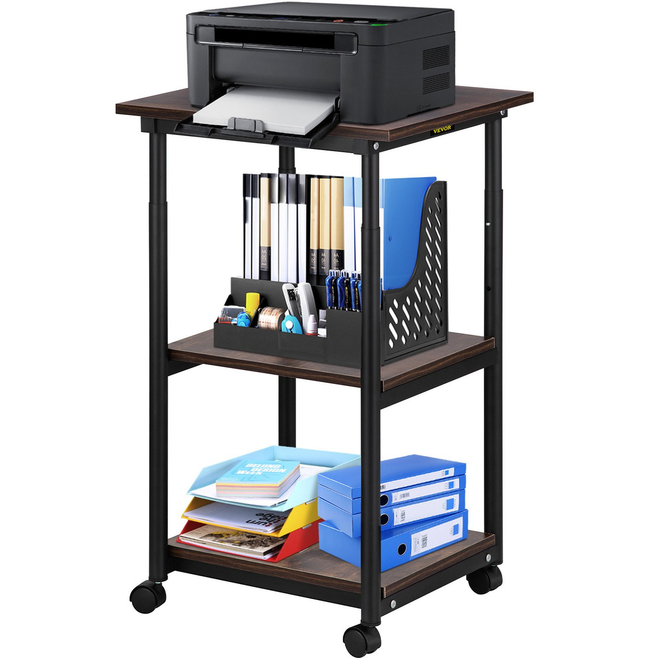 Printer Stand, 3 Tiers, Rolling Machine Cart with Adjustable Shelf & Lockable Wheels, Mobile Printer Table for Fax Scanner File Book in Home Office, Black & Brown