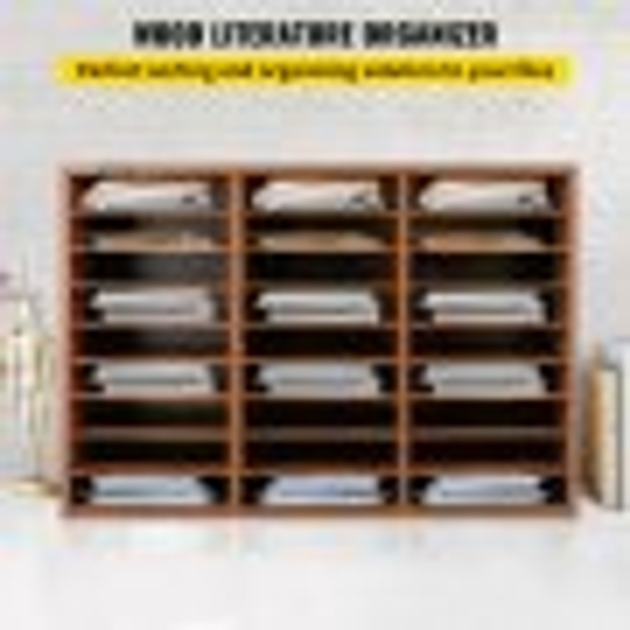 27 Compartments Wood Literature Organizer, Adjustable Shelves, Medium Density Fiberboard Mail Center, Office Home School Storage for Files, Documents, Papers, Magazines, Brown