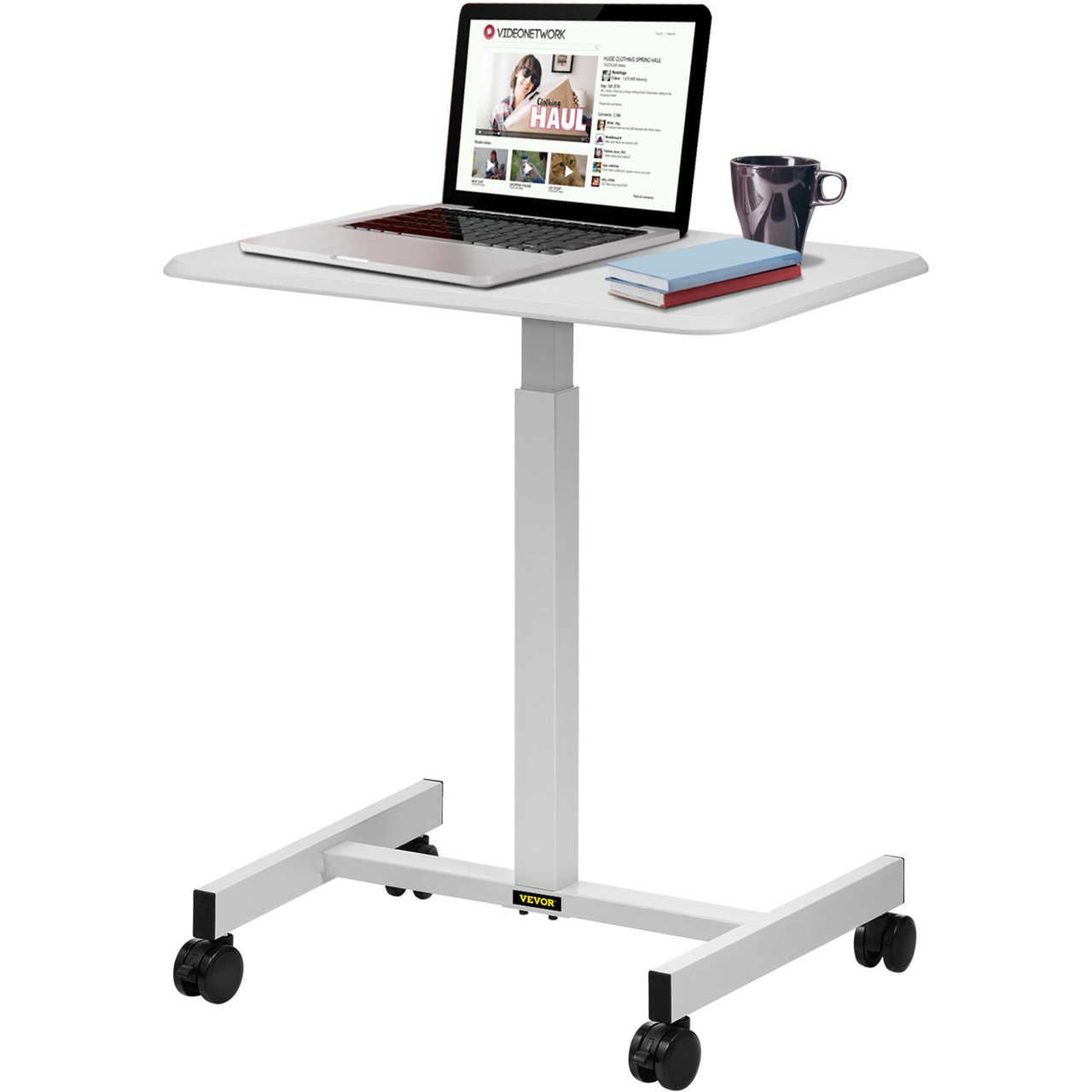 Mobile Laptop Desk, 30" to 43.3", Height Adjustable Rolling Cart w/Gas Spring Riser, Swivel Casters and Hook Home Office Computer Table for Standing or Sitting, White