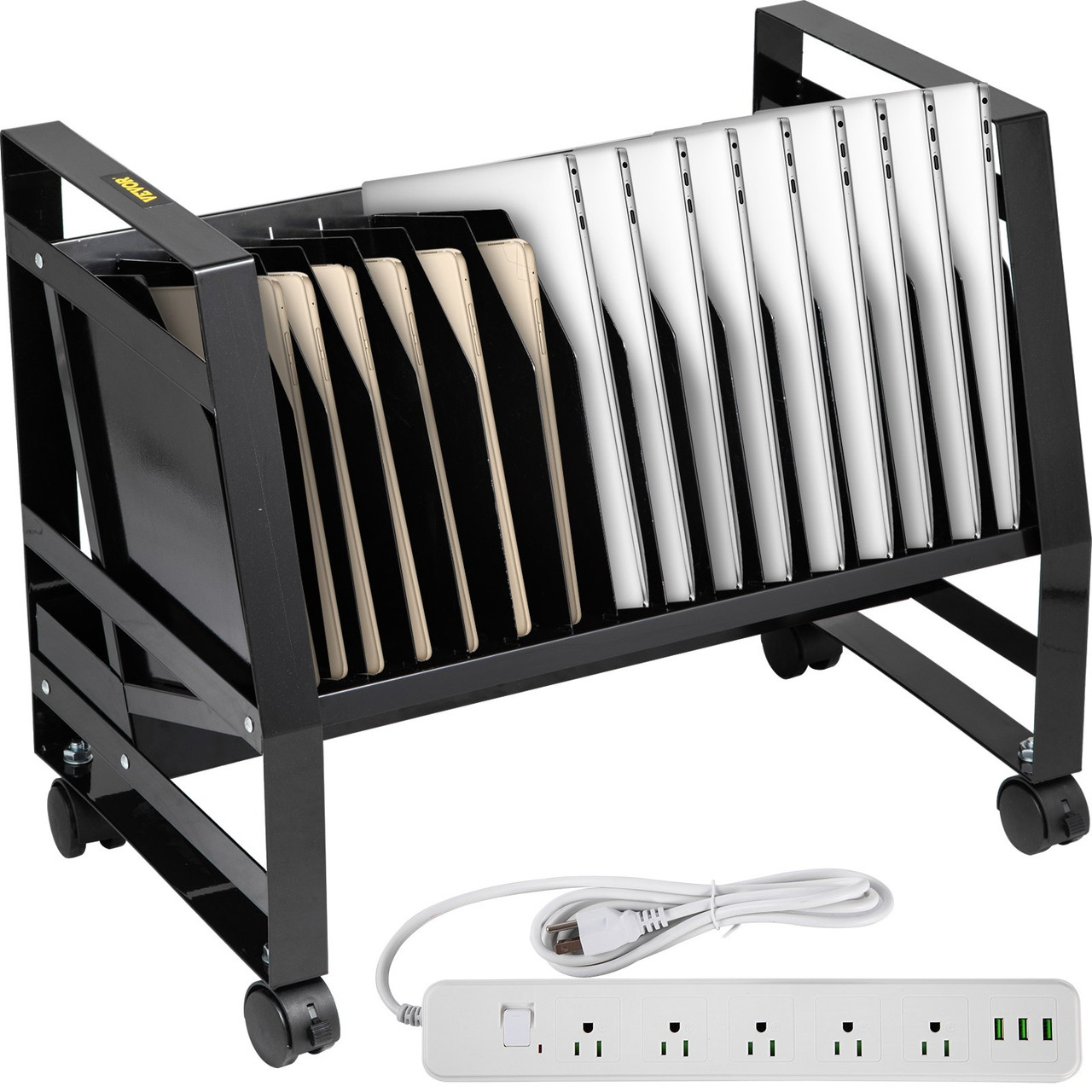 Open Charging Cart, 16 Device, Charging Cabinet for Charge and Transport Laptop Computers, Chromebook, iPad, Tablets, Storage Cart with Power Strip, 6 USB Ports, Lockable Casters