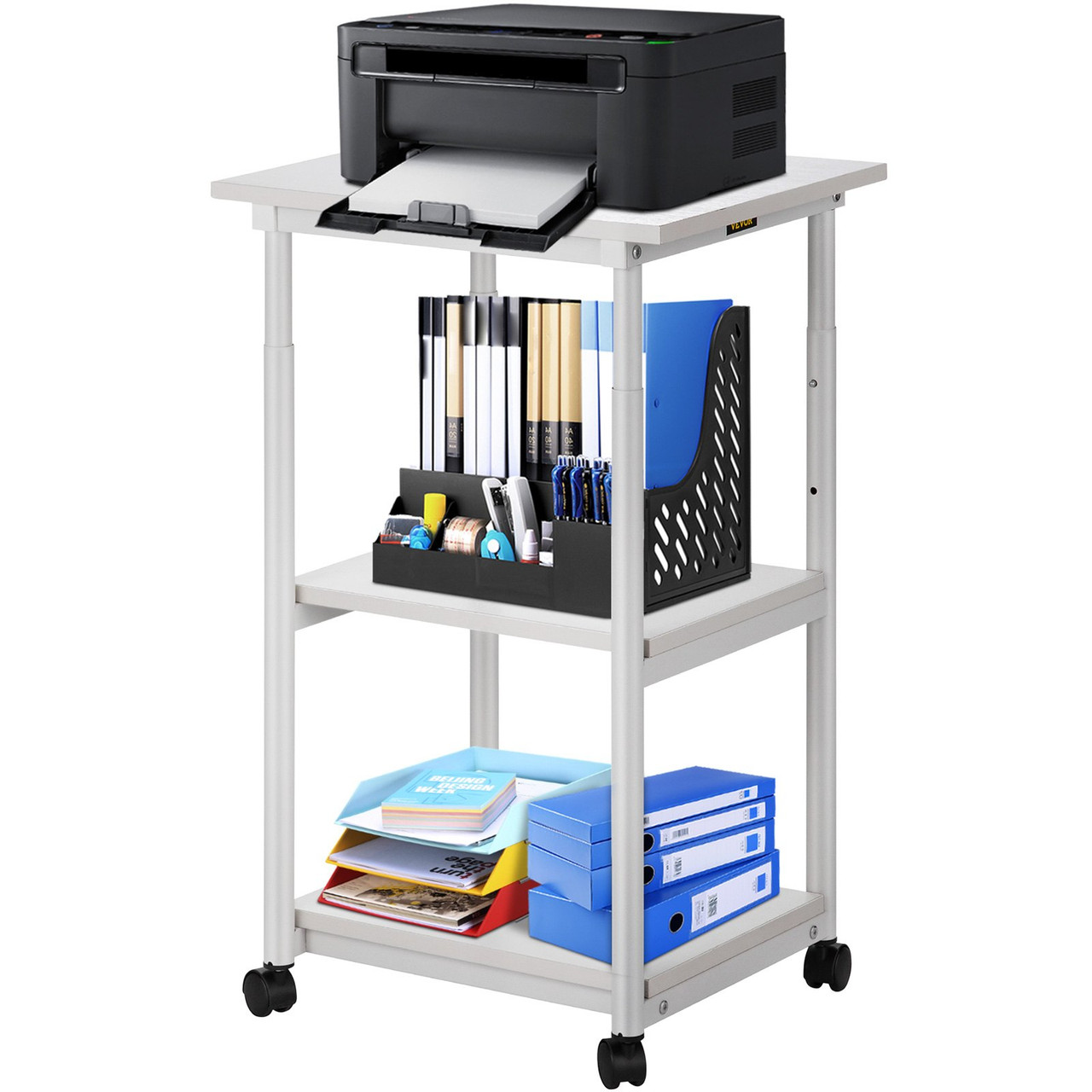 Printer Stand, 3 Tiers, Rolling Machine Cart with Adjustable Shelf & Lockable Wheels, Mobile Printer Table for Fax Scanner File Book in Home Office, 18.9 x 15.35 x 30.31 inch, White