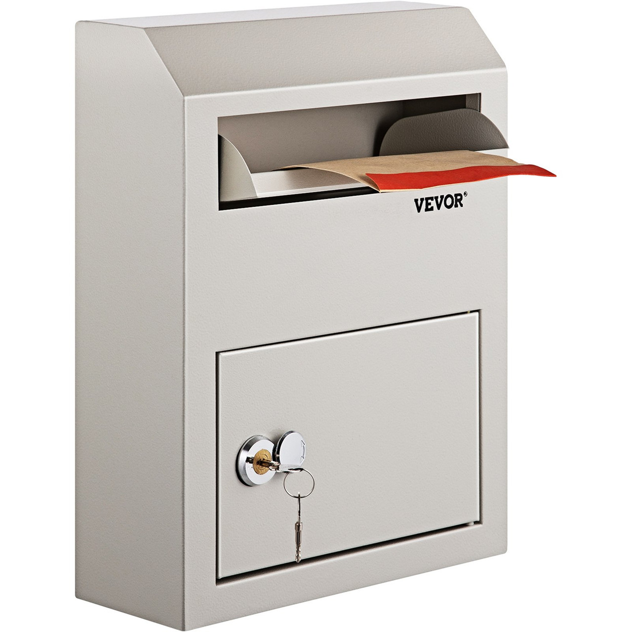 Suggestion Box, Donation Ballot Box with Lock, Wall Mounted Collection Box w/ Wide Drop Slot, Steel Key Drop Box for Home Office Factory School, 15"x 12" x 4.3", Gray