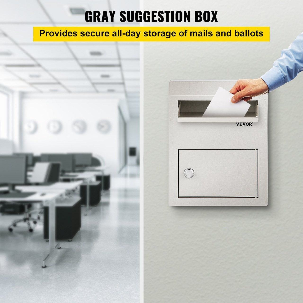 Suggestion Box, Donation Ballot Box with Lock, Wall Mounted Collection Box w/ Wide Drop Slot, Steel Key Drop Box for Home Office Factory School, 15"x 12" x 4.3", Gray