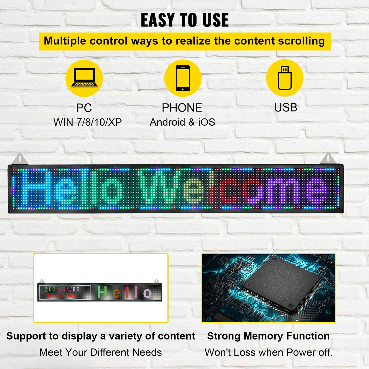 LED Scrolling Sign, 52" x 8" WiFi & USB Control, Full Color P10 Programmable Display, Indoor High Resolution Message Board, High Brightness Electronic Sign, Perfect Solution for Advertising