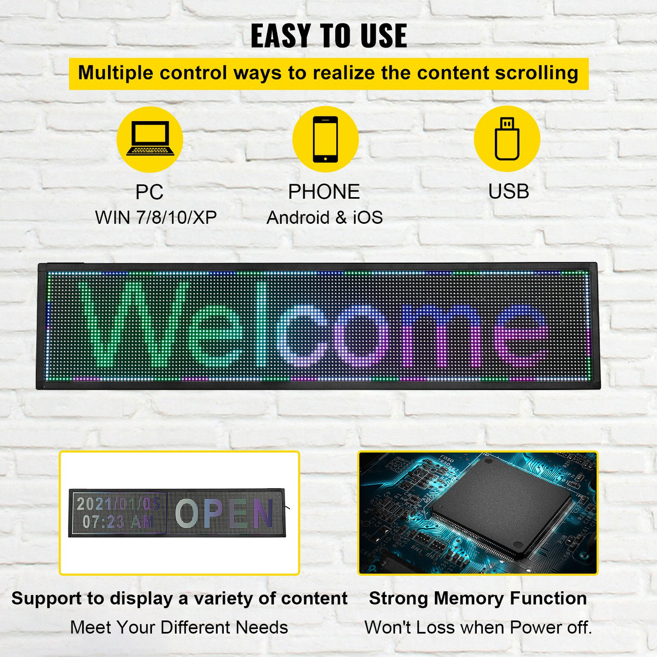 LED Scrolling Sign, 40" x 9" WiFi & USB Control, Full Color P6 Programmable Display, Indoor High Resolution Message Board, High Brightness Electronic