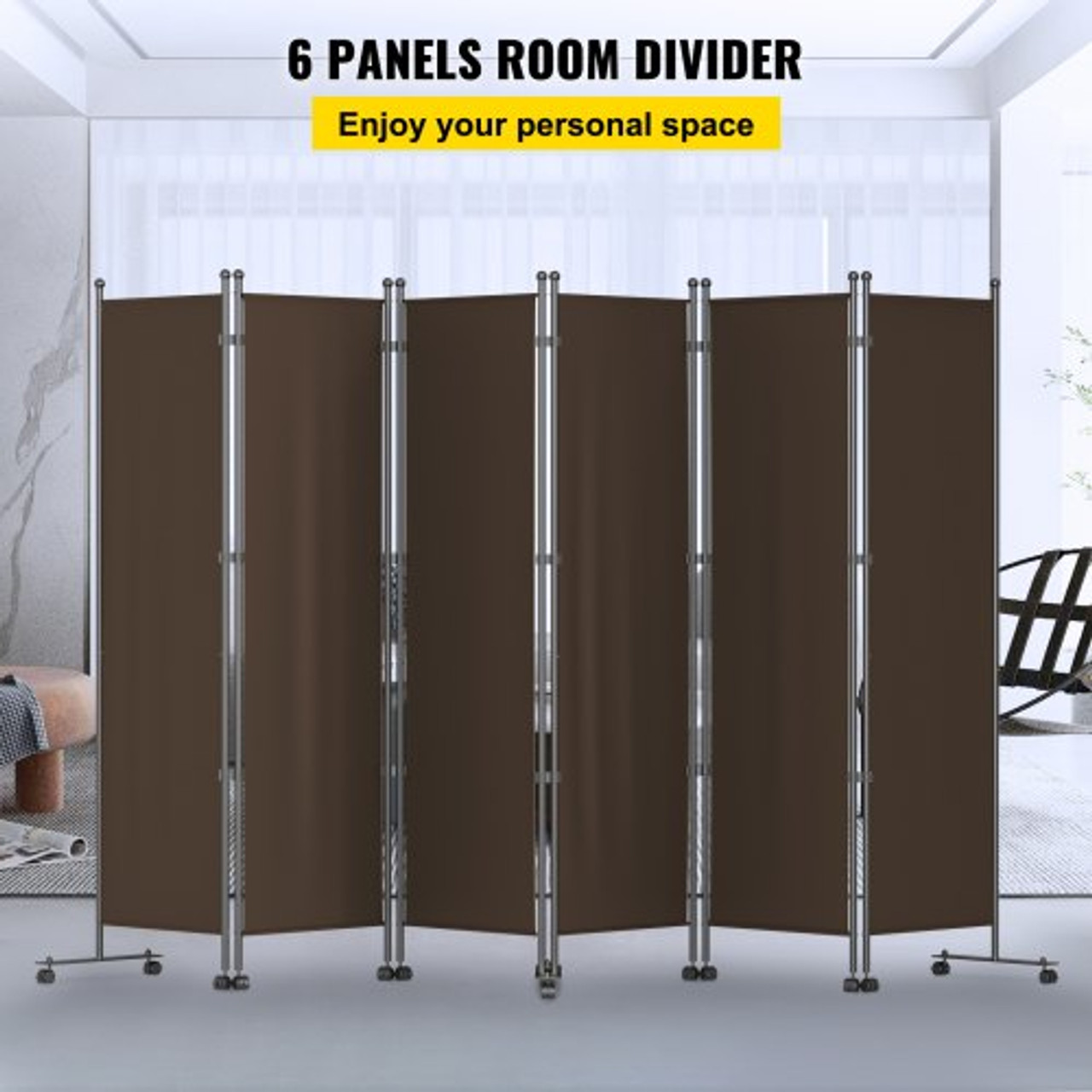 6 Panel Room Divider, 6 FT Tall, Freestanding & Folding Privacy Screen w/ Swivel Casters & Aluminum Alloy Frame, Oxford Bag Included, Room Partition for Office Home, 121" W x 14" D x 73"H, Brown