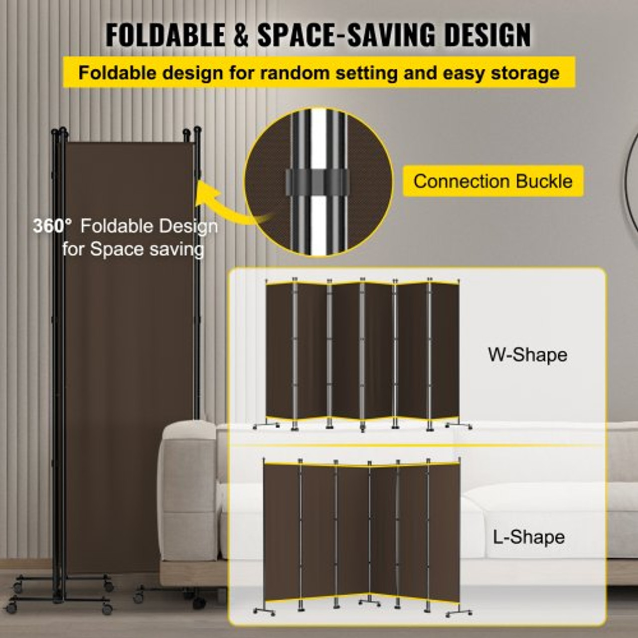 6 Panel Room Divider, 6 FT Tall, Freestanding & Folding Privacy Screen w/ Swivel Casters & Aluminum Alloy Frame, Oxford Bag Included, Room Partition for Office Home, 121" W x 14" D x 73"H, Brown