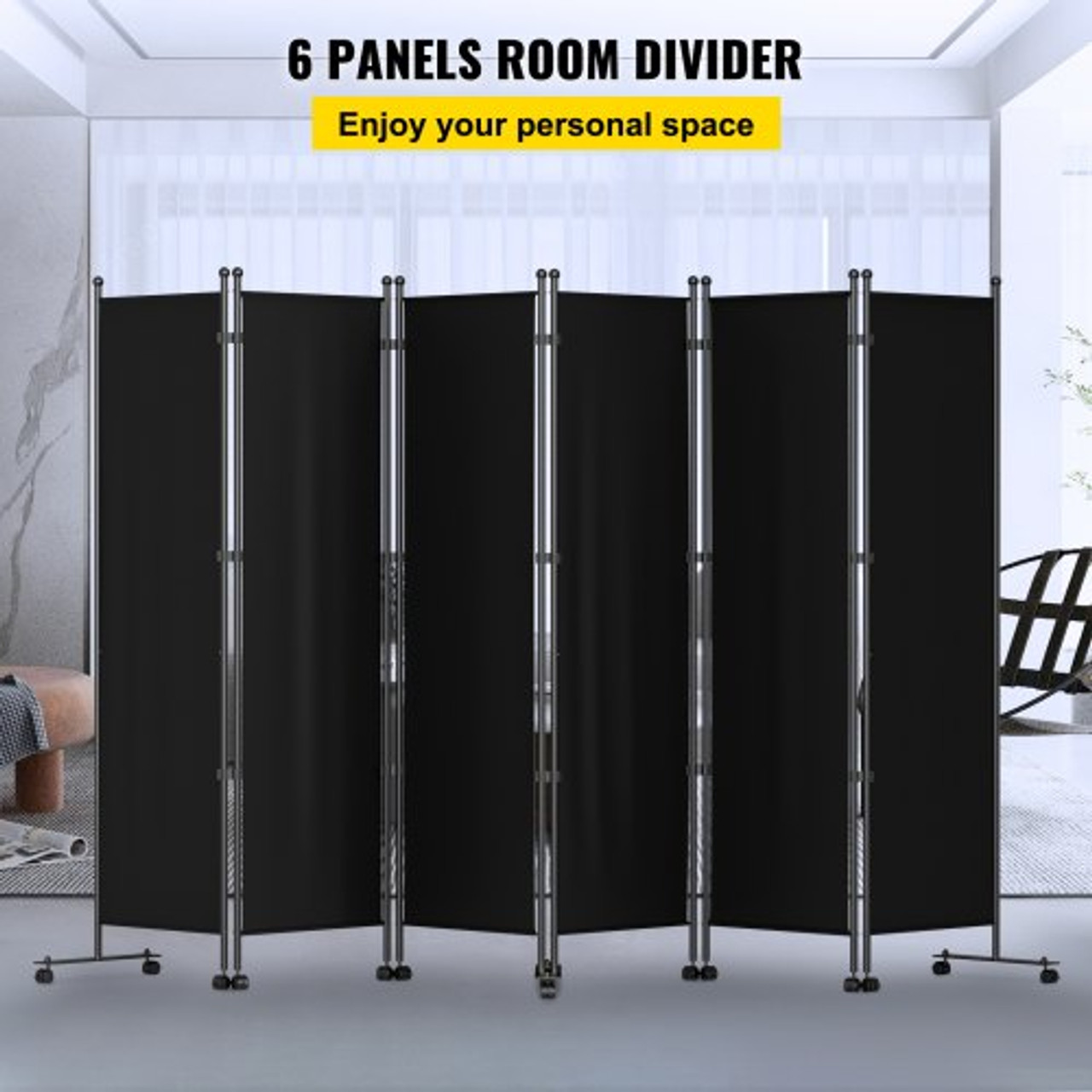 6 Panel Room Divider, 6 FT Tall, Freestanding & Folding Privacy Screen w/ Swivel Casters & Aluminum Alloy Frame, Oxford Bag Included, Room Partition for Office Home, 121" W x 14" D x 73"H, Black