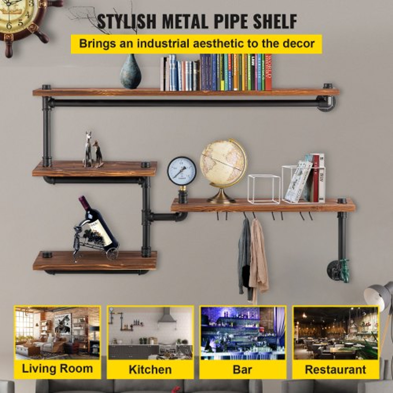 Iron Pipes Shelving, Industrial Steel Pipe Shelf w/ 4-Tier Wood Planks, Wall Mounted Modern Rustic Floating Shelves, DIY Storage Bracket for Bathroom, Bookshelf, Kitchen, and Home Decor