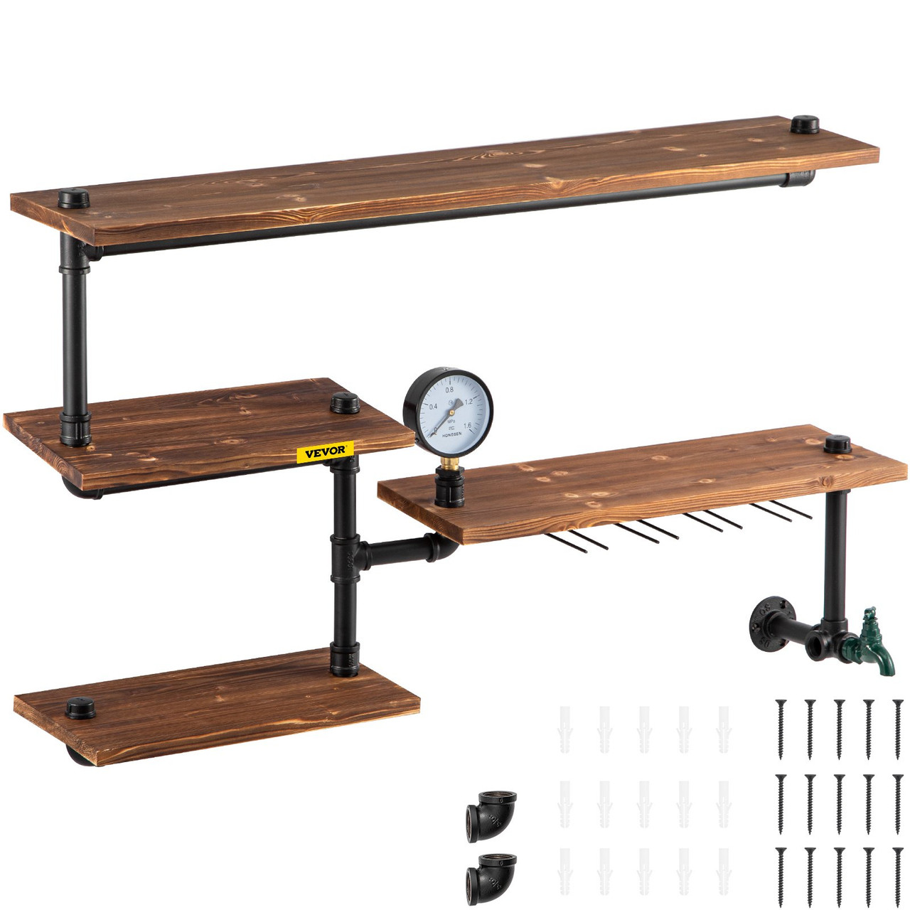 Iron Pipes Shelving, Industrial Steel Pipe Shelf w/ 4-Tier Wood Planks, Wall Mounted Modern Rustic Floating Shelves, DIY Storage Bracket for Bathroom, Bookshelf, Kitchen, and Home Decor