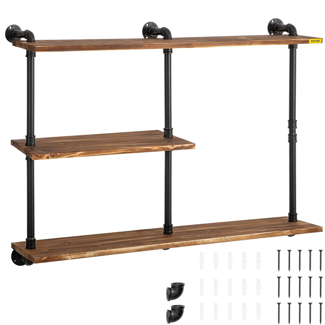 Industrial Pipe Shelving, Pipe Shelves with 3-Tier Wood Planks, Rustic Floating Shelves Wall Mounted, Wall Shelf DIY Bookshelf for Bar Kitchen Bathroom Farmhouse Living Room, 43x38x11 inch