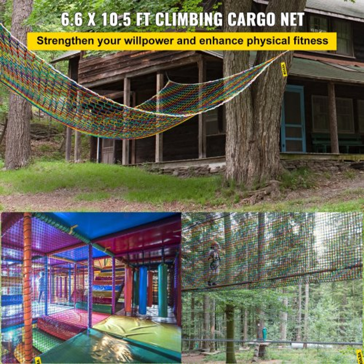 Climbing Cargo Net, 6.6 x 10.5 ft Playground Climbing Cargo Net, Polyester Double Layers Cargo Net Climbing Outdoor w/500lbs Weight Capacity, Rope Bridge Net for Tree House, Monkey Bar, Rainbow