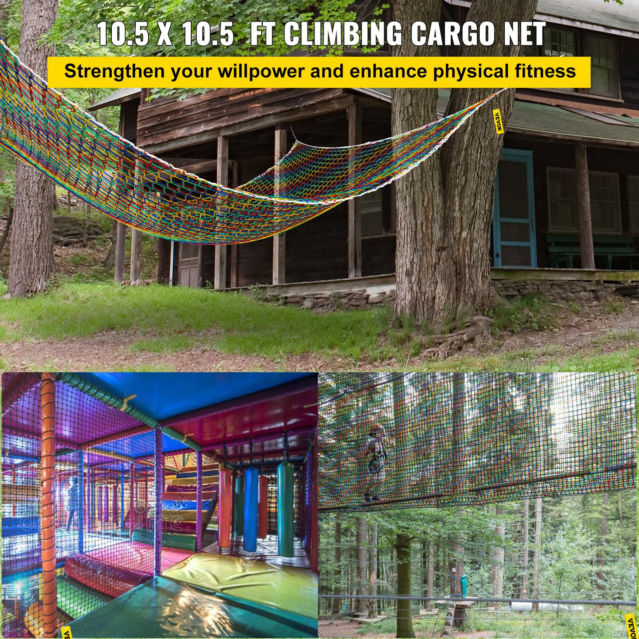 Climbing Cargo Net, 10.5 x 10.5 ft Playground Climbing Cargo Net, Polyester Double Layers Cargo Net Climbing Outdoor w/500lbs Weight Capacity, Rope Bridge Net for Tree House, Monkey Bar, Rainbow