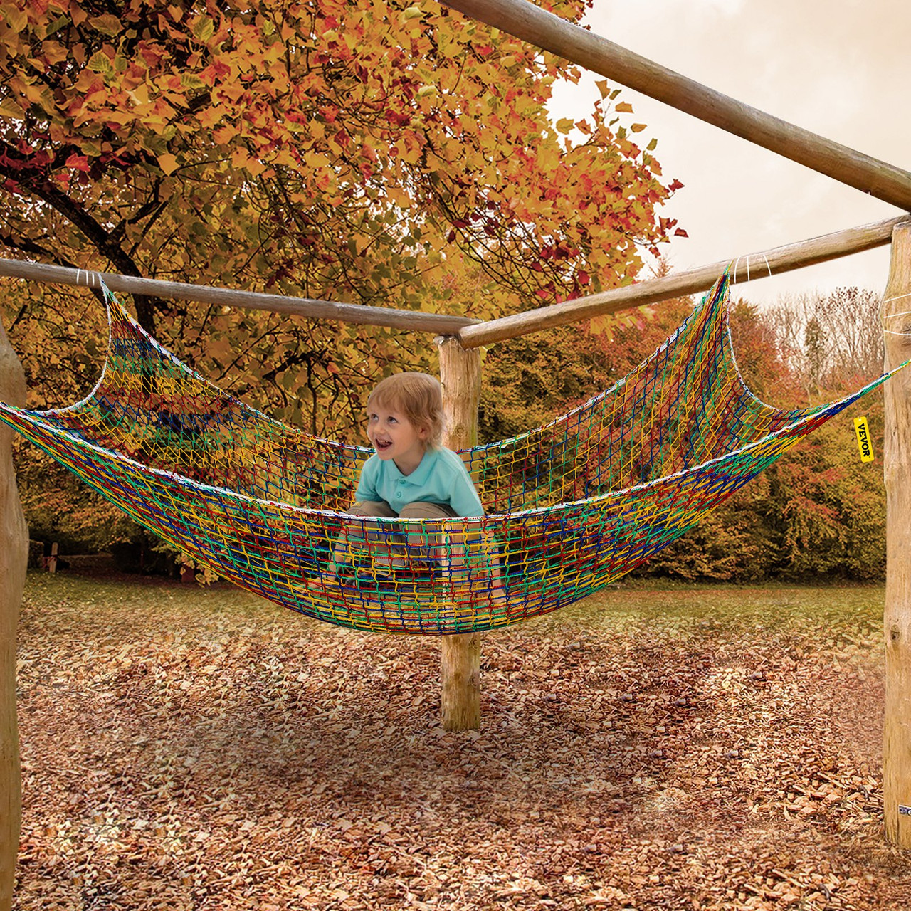 Climbing Cargo Net, 10.5 x 10.5 ft Playground Climbing Cargo Net, Polyester Double Layers Cargo Net Climbing Outdoor w/500lbs Weight Capacity, Rope Bridge Net for Tree House, Monkey Bar, Rainbow